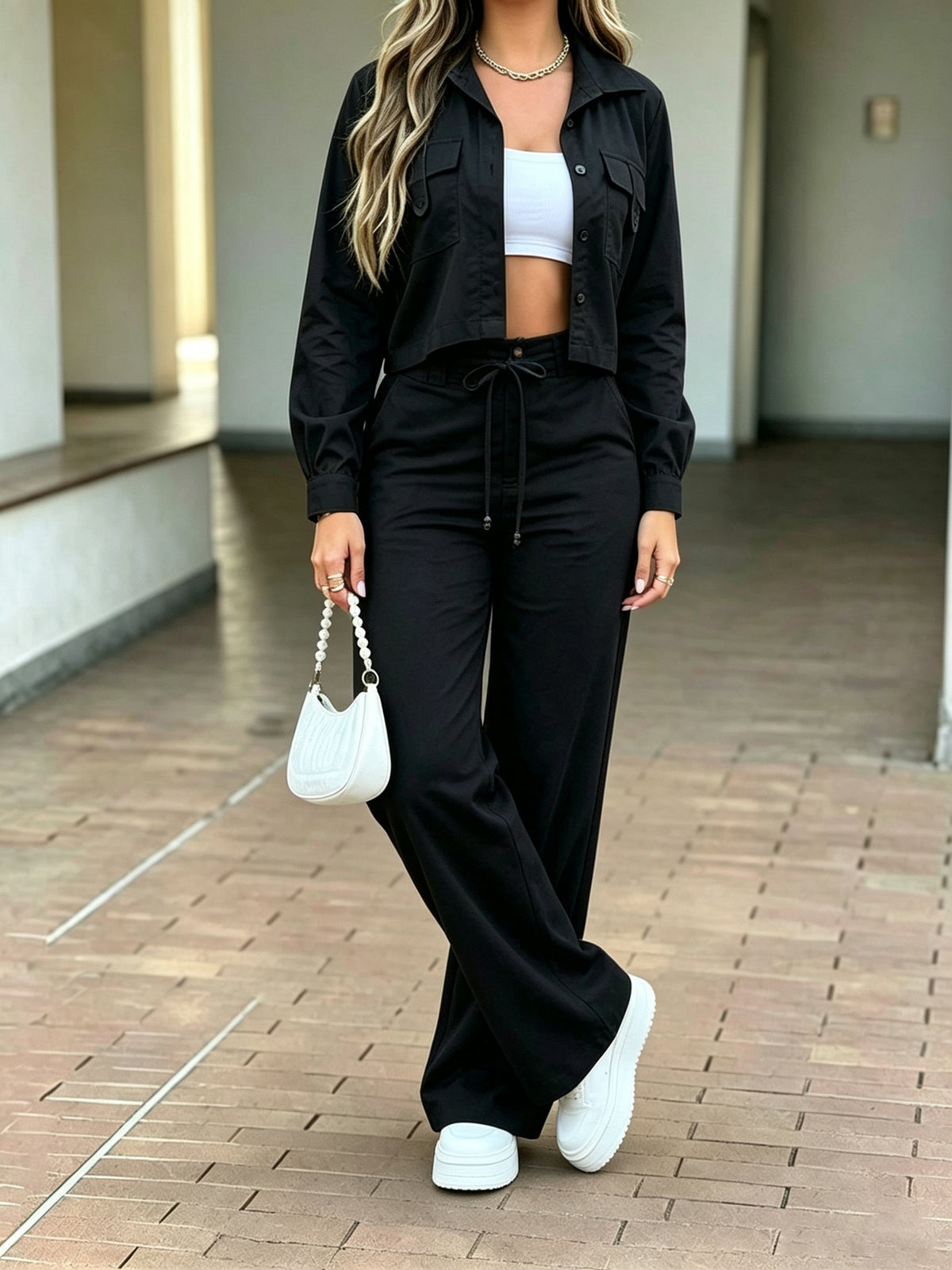 Women's Cropped Shirt and Wide Leg Pants Set