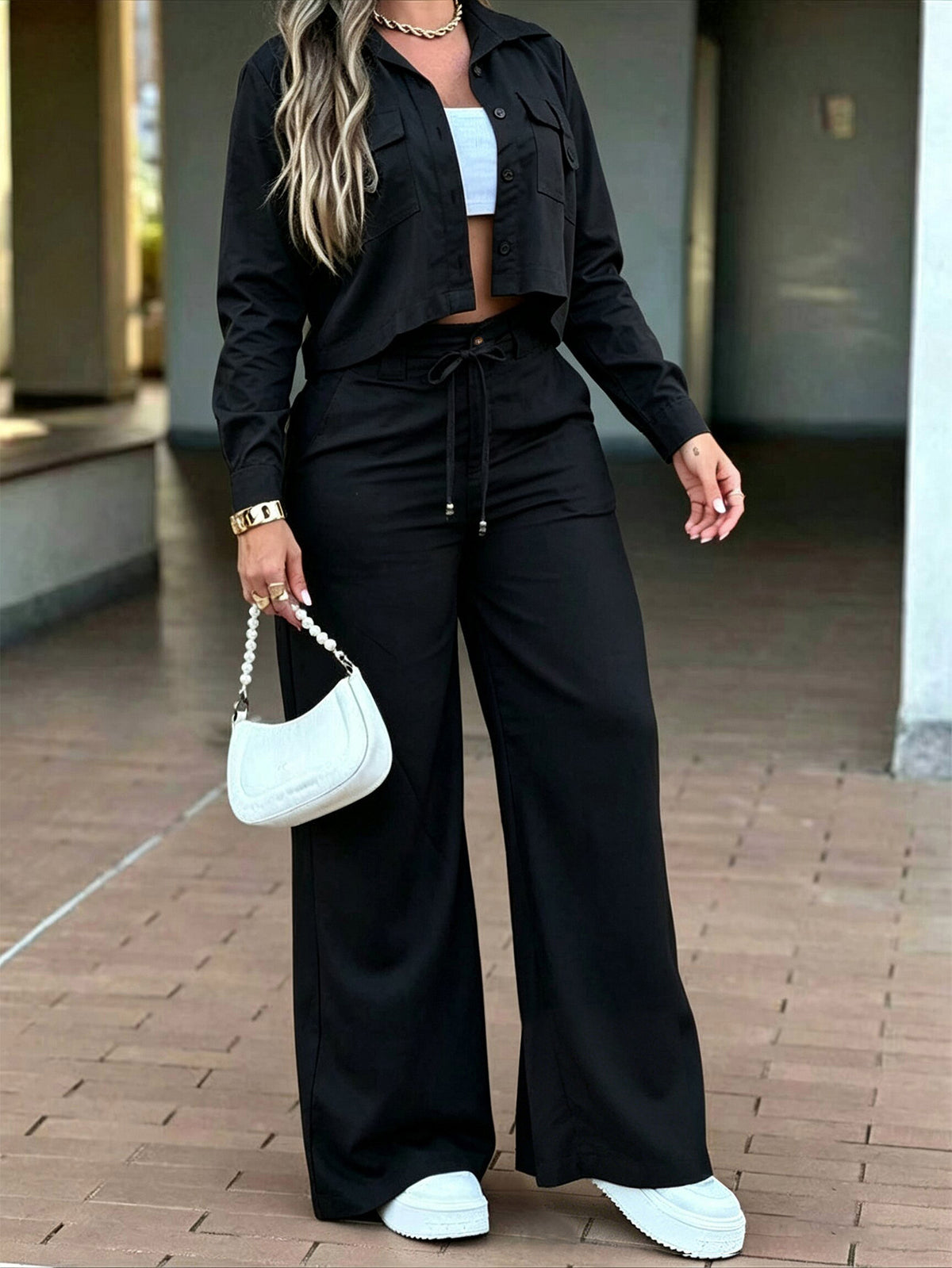 Women's Cropped Shirt and Wide Leg Pants Set