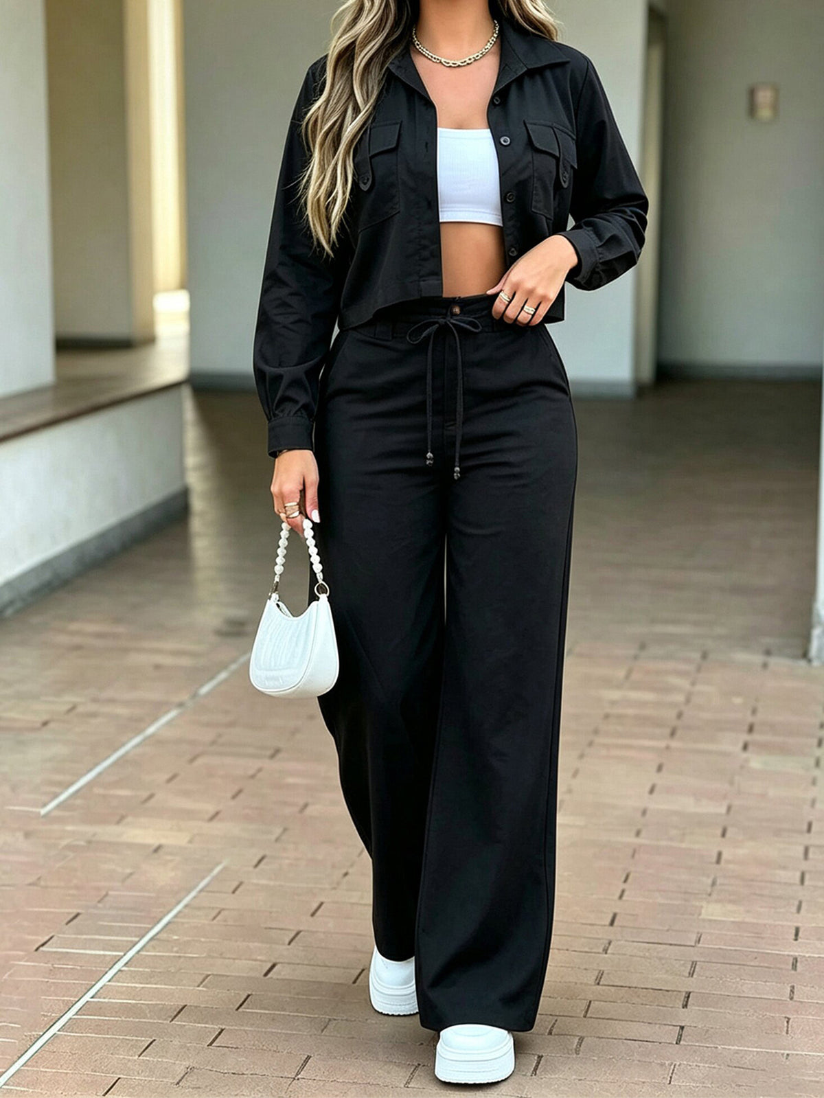 Women's Cropped Shirt and Wide Leg Pants Set