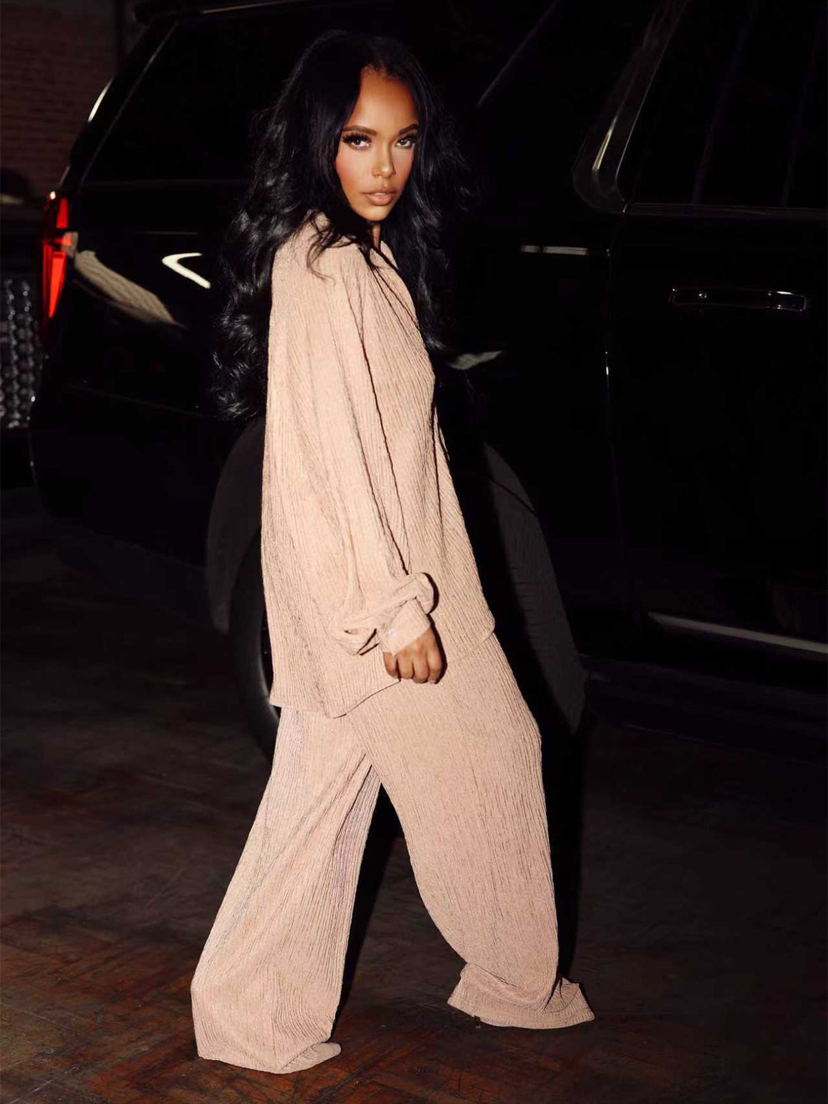 Women's Ribbed Button Down Shirt Pants Set