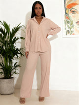 Women's Ribbed Button Down Shirt Pants Set