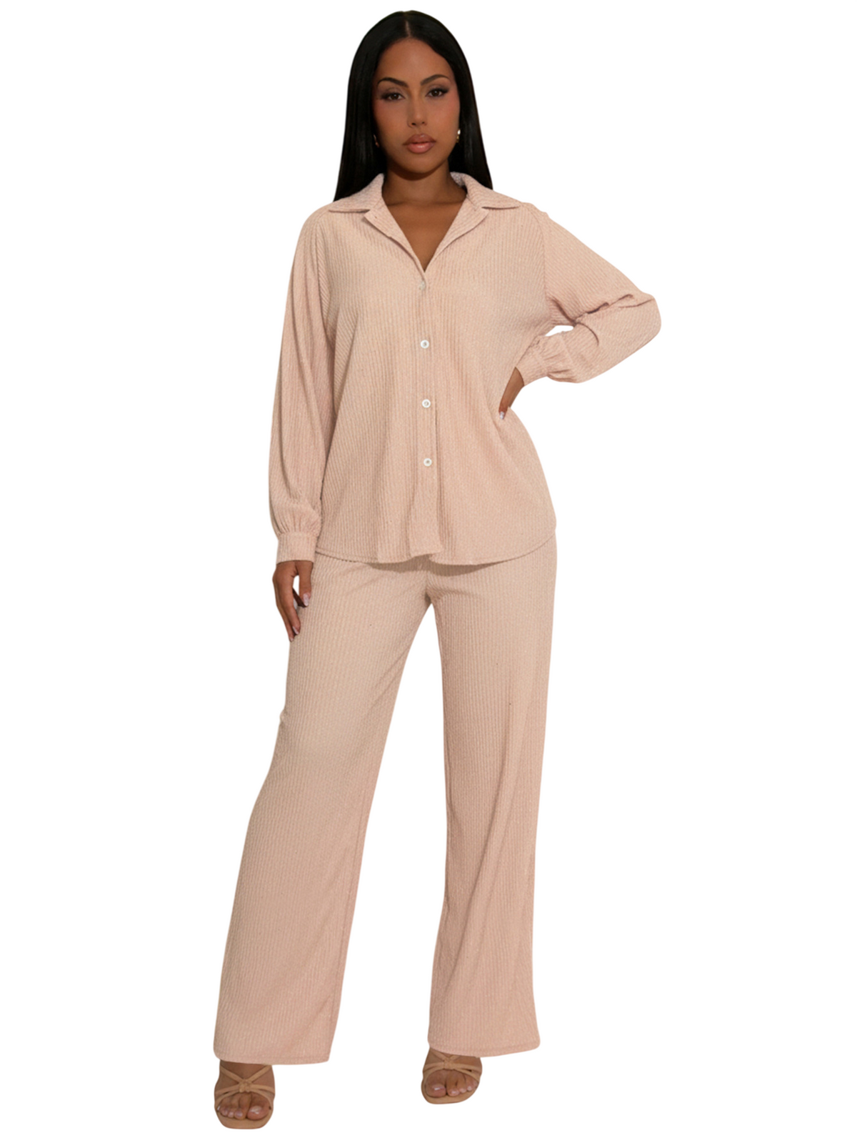 Women's Ribbed Button Down Shirt Pants Set