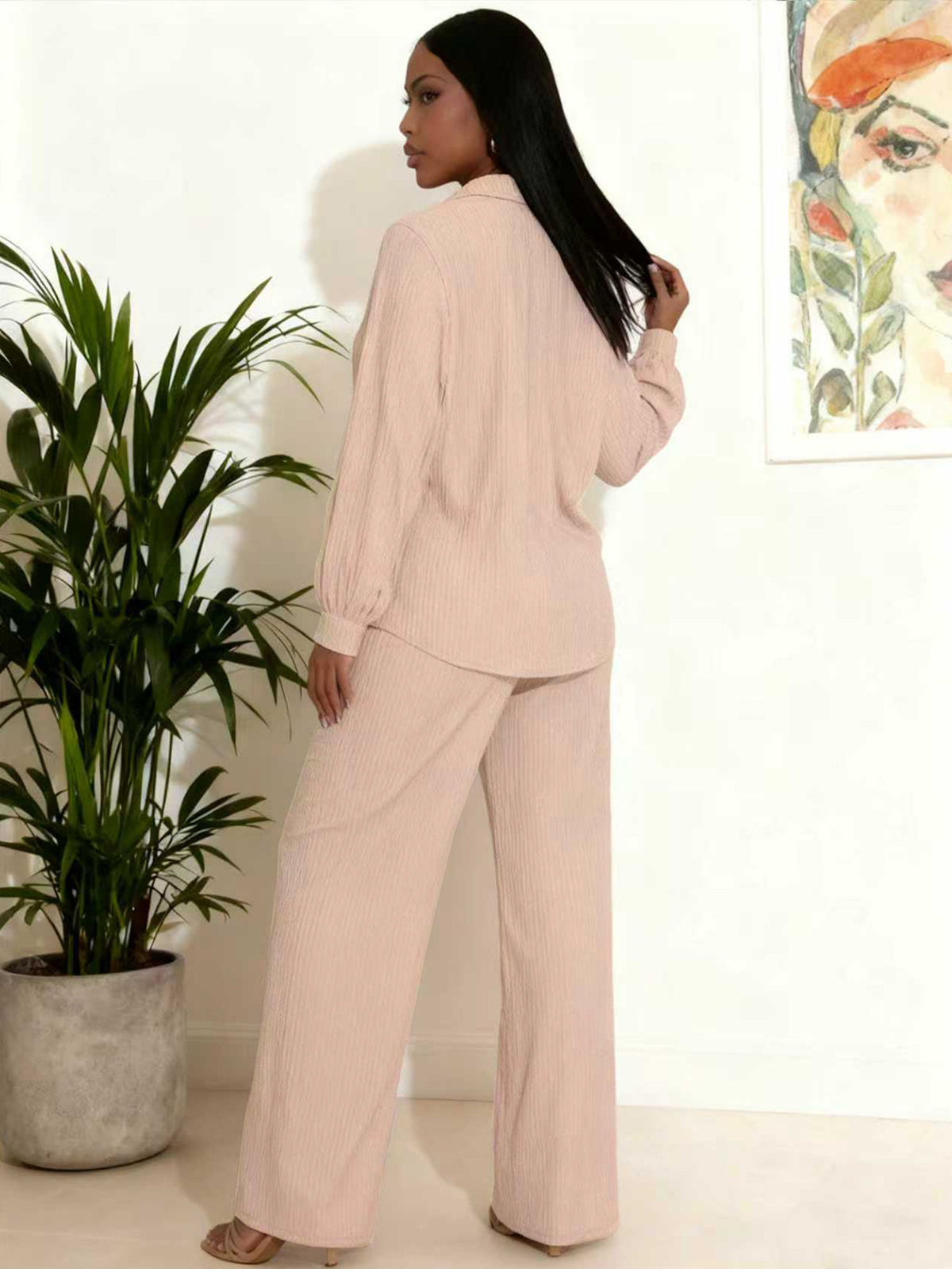 Women's Ribbed Button Down Shirt Pants Set