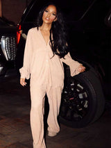 Women's Ribbed Button Down Shirt Pants Set