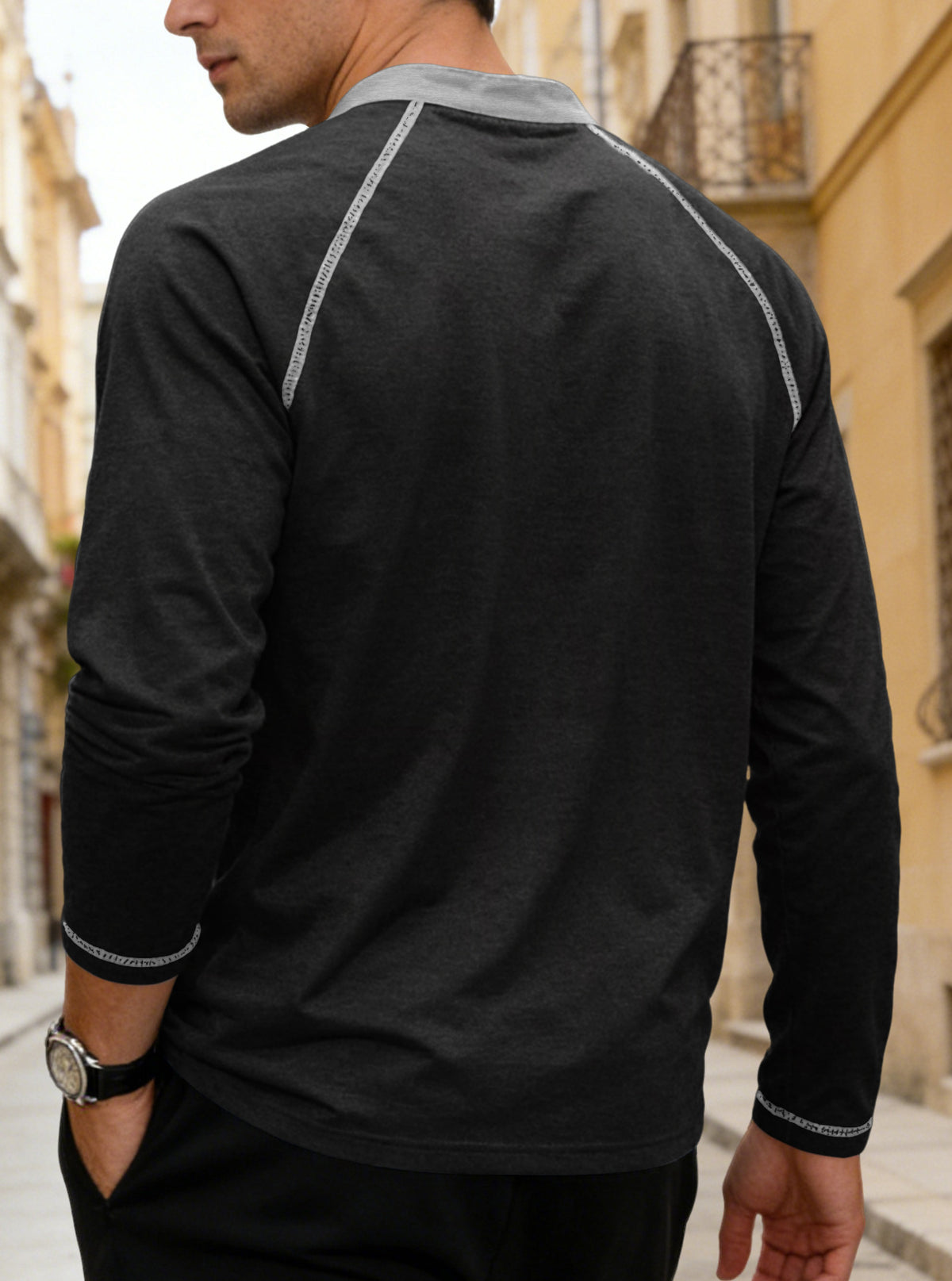 Men's Long Sleeve Henley Shirt with Button Neck