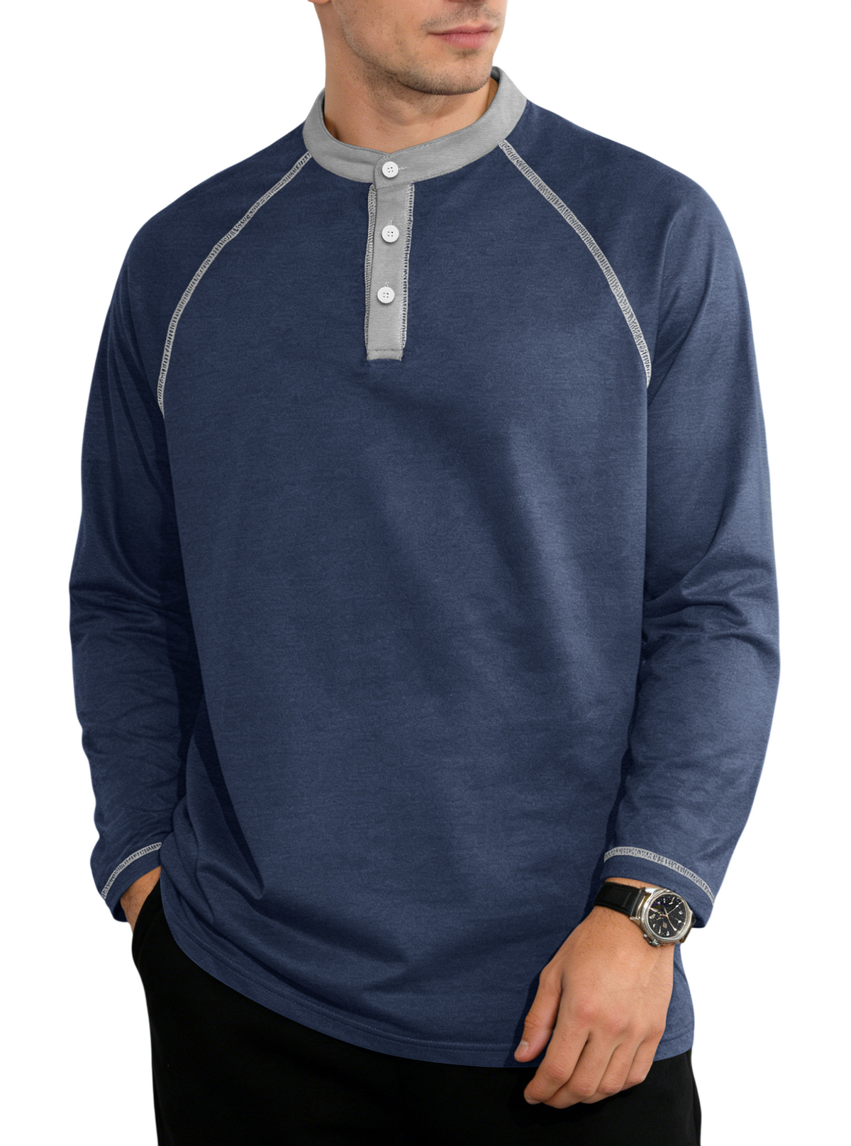 Men's Long Sleeve Henley Shirt with Button Neck