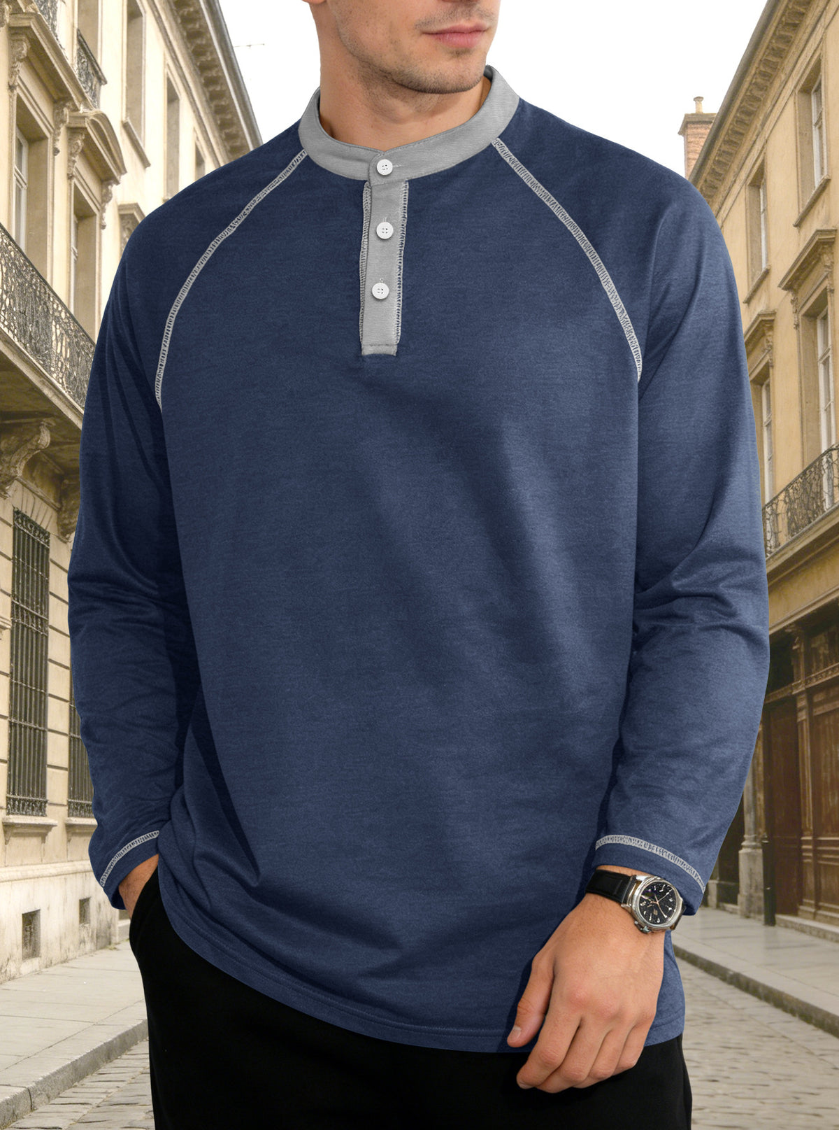 Men's Long Sleeve Henley Shirt with Button Neck