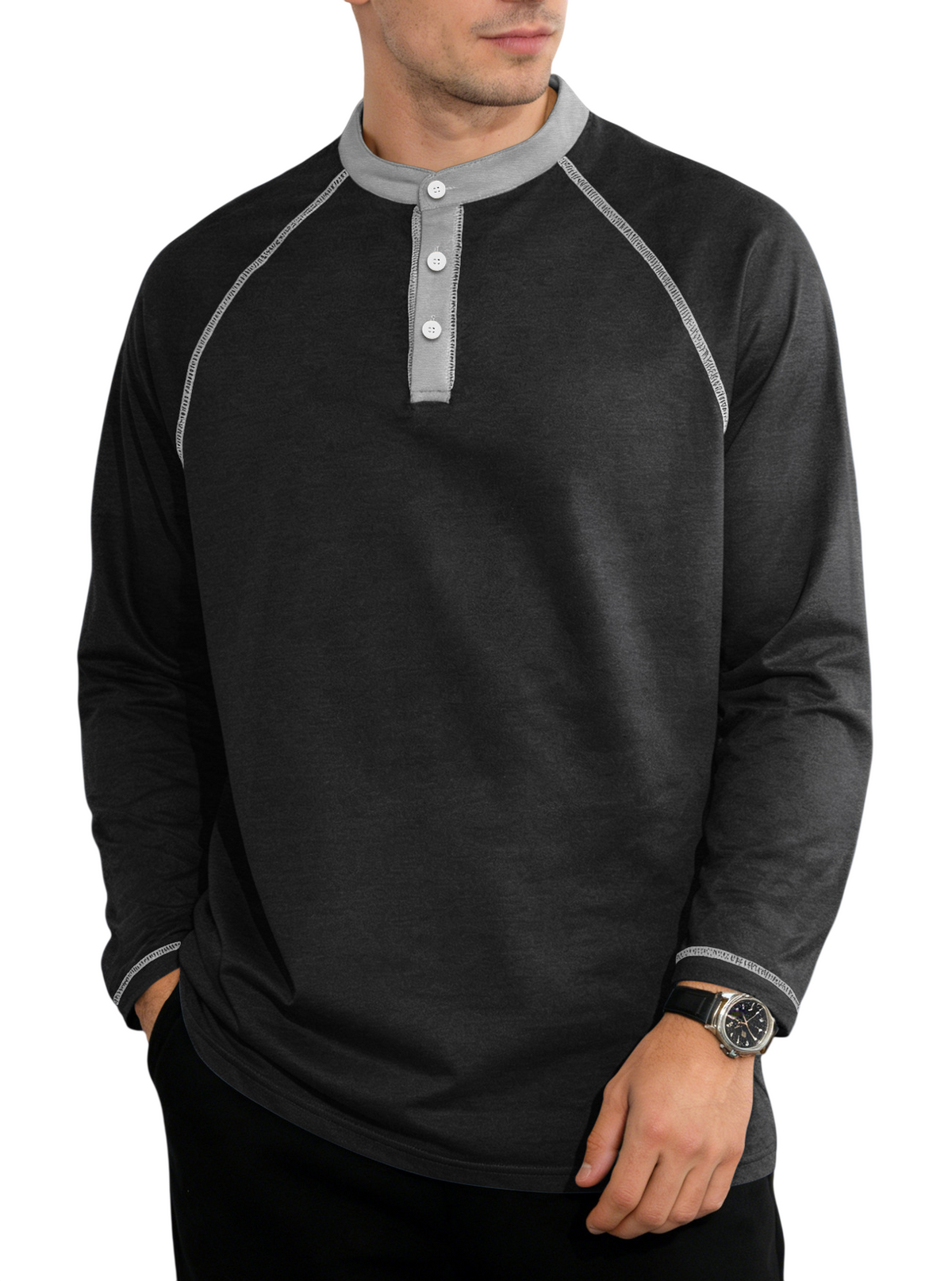 Men's Long Sleeve Henley Shirt with Button Neck