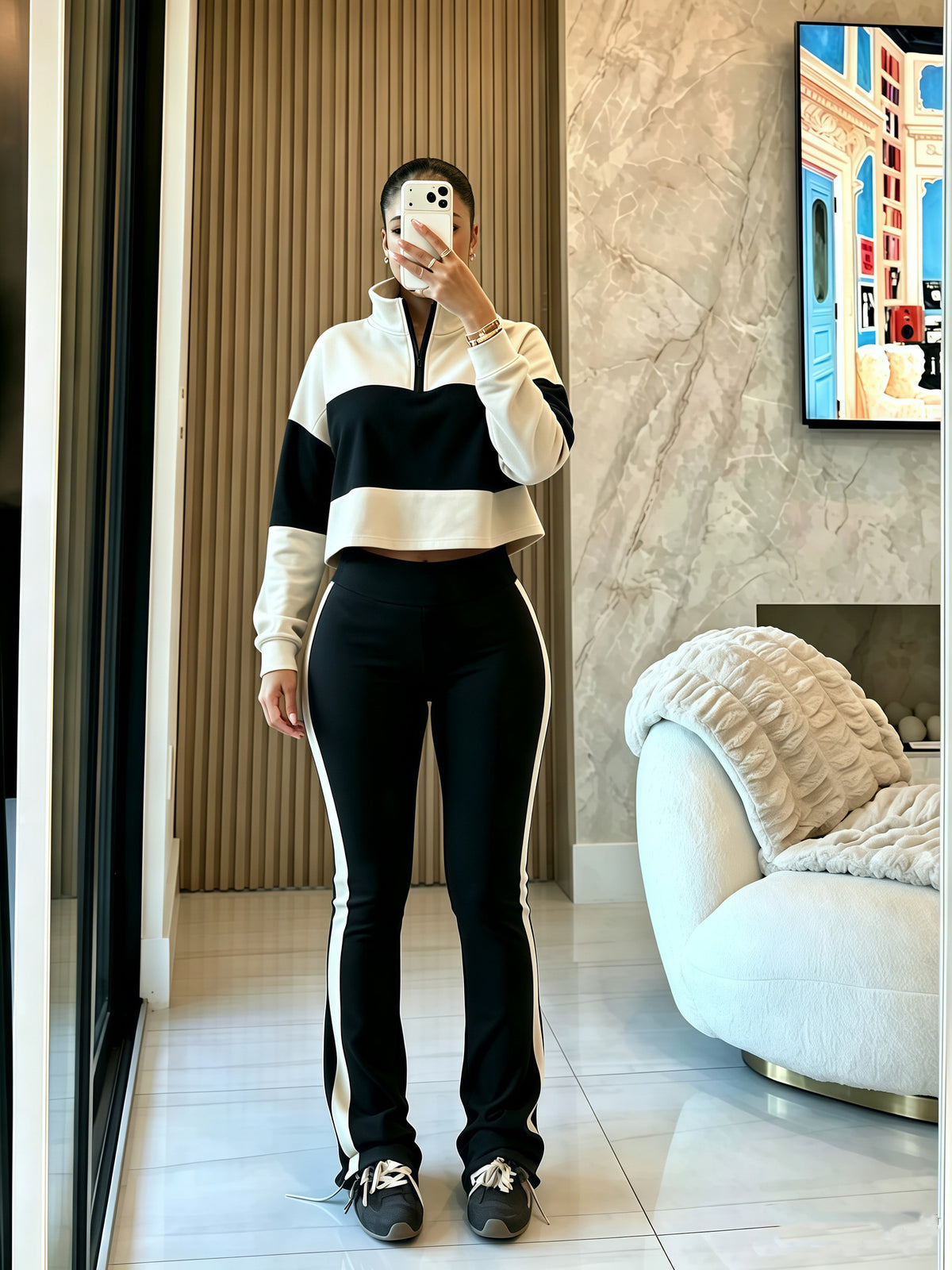Women's Cropped Half Zip Top and Flare Pants Set