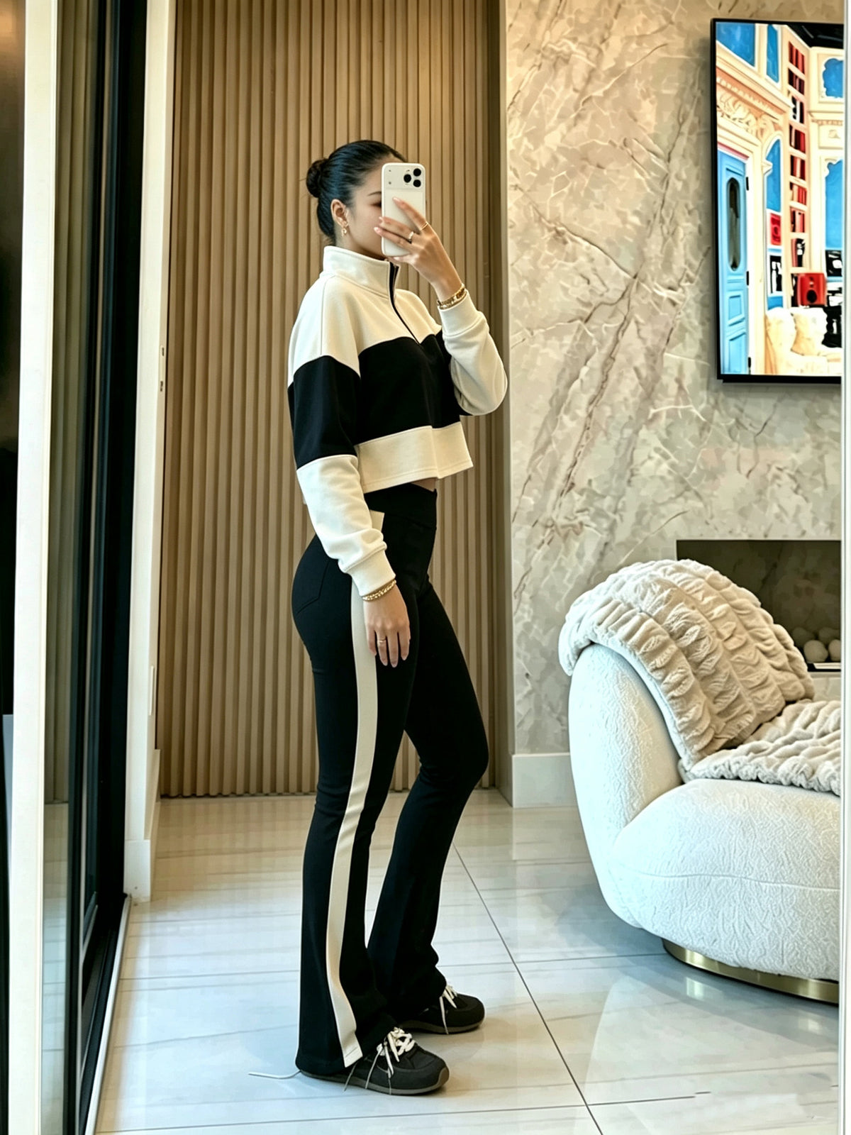 Women's Cropped Half Zip Top and Flare Pants Set