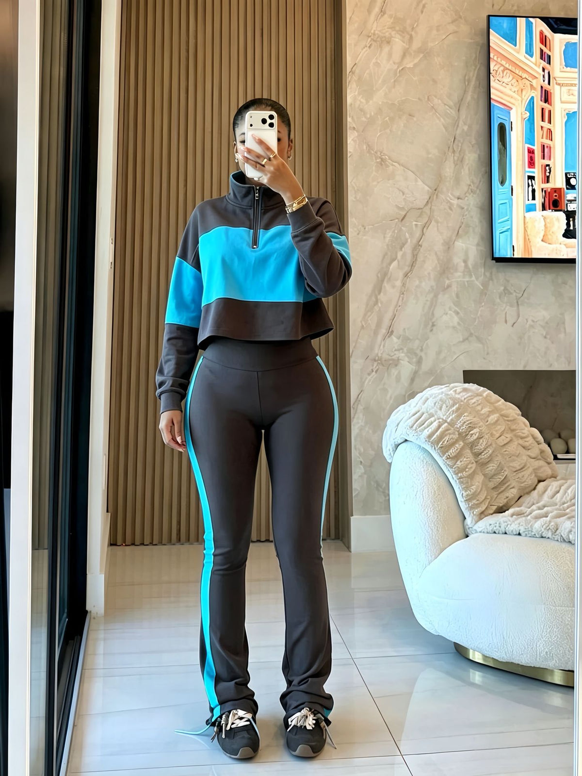 Women's Cropped Half Zip Top and Flare Pants Set