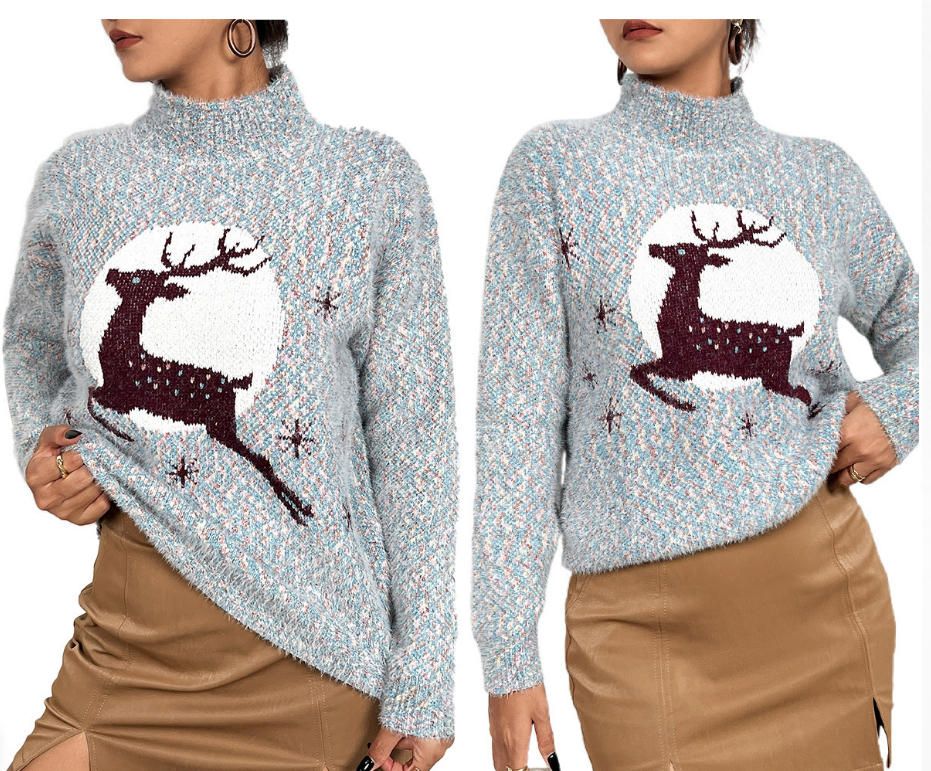 Women's Reindeer High-Neck Knit Sweater