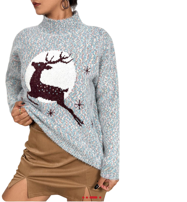 Women's Reindeer High-Neck Knit Sweater