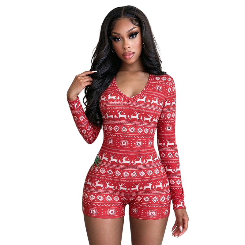 Women's Christmas Reindeer Print Long-Sleeve Fitted Romper