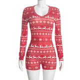 Women's Christmas Reindeer Print Long-Sleeve Fitted Romper