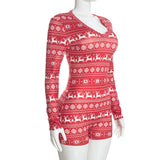 Women's Christmas Reindeer Print Long-Sleeve Fitted Romper