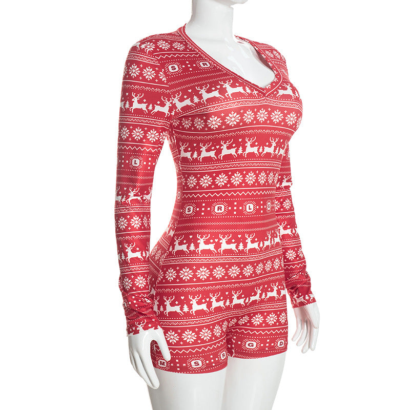 Women's Christmas Reindeer Print Long-Sleeve Fitted Romper