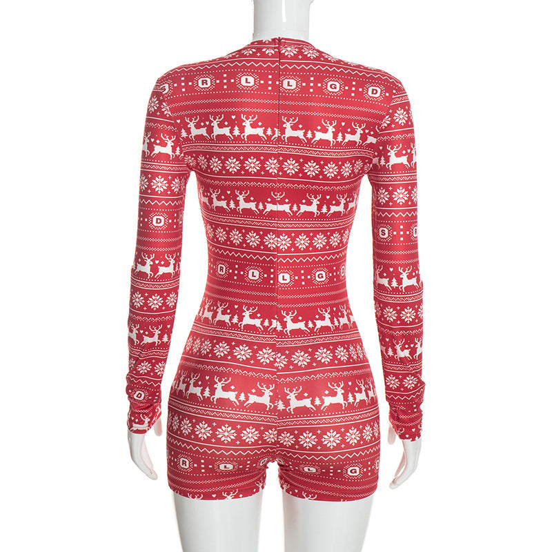 Women's Christmas Reindeer Print Long-Sleeve Fitted Romper
