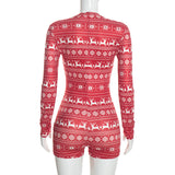 Women's Christmas Reindeer Print Long-Sleeve Fitted Romper