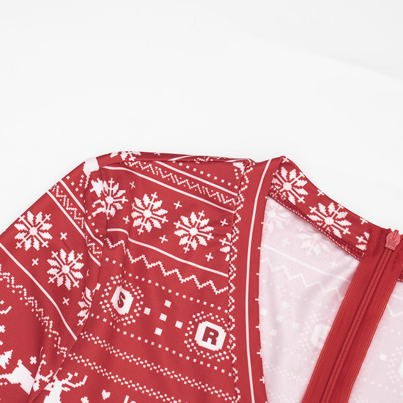 Women's Christmas Reindeer Print Long-Sleeve Fitted Romper
