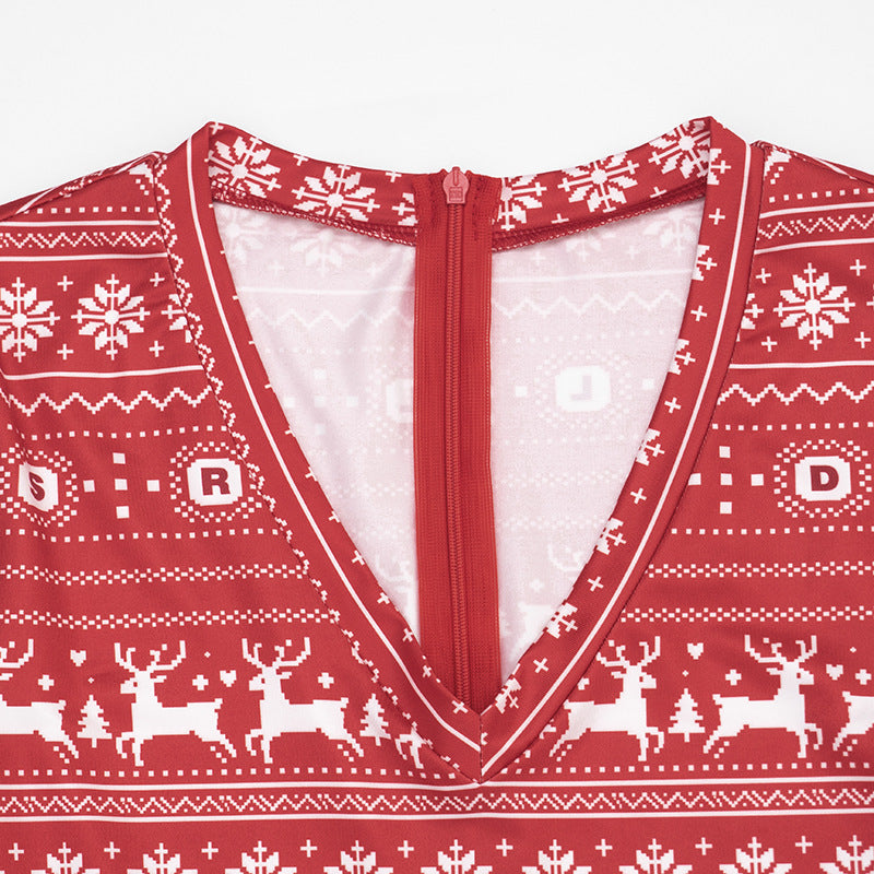 Women's Christmas Reindeer Print Long-Sleeve Fitted Romper