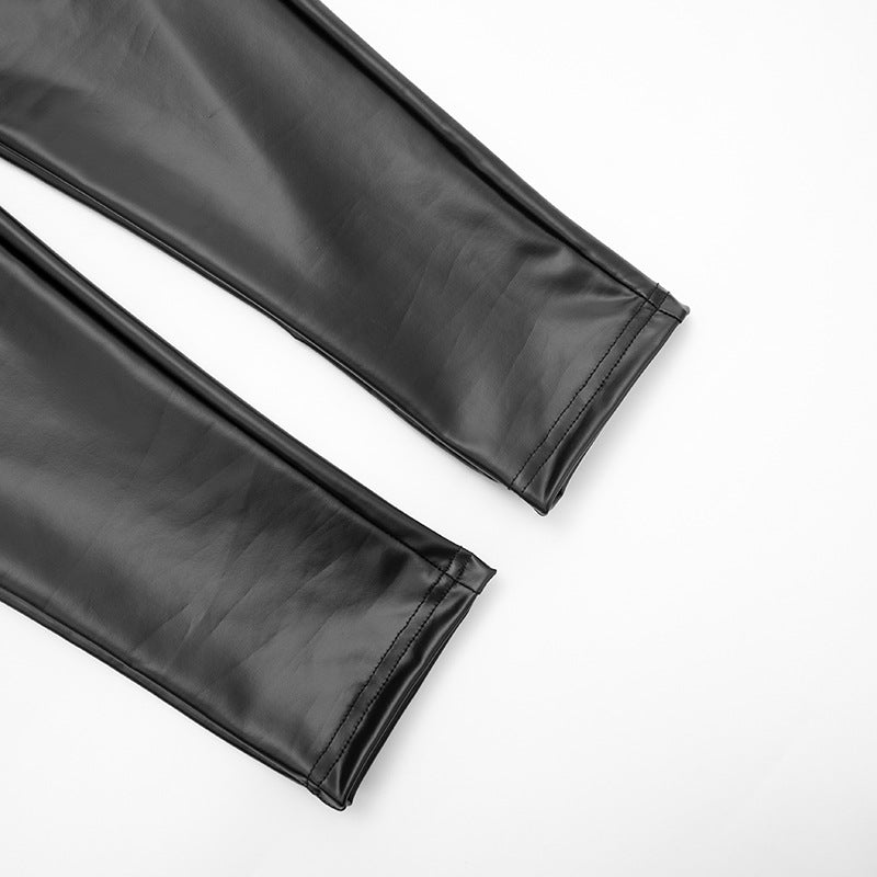 Women's Black Faux Leather Long-Sleeve Slim-Fit Jumpsuit
