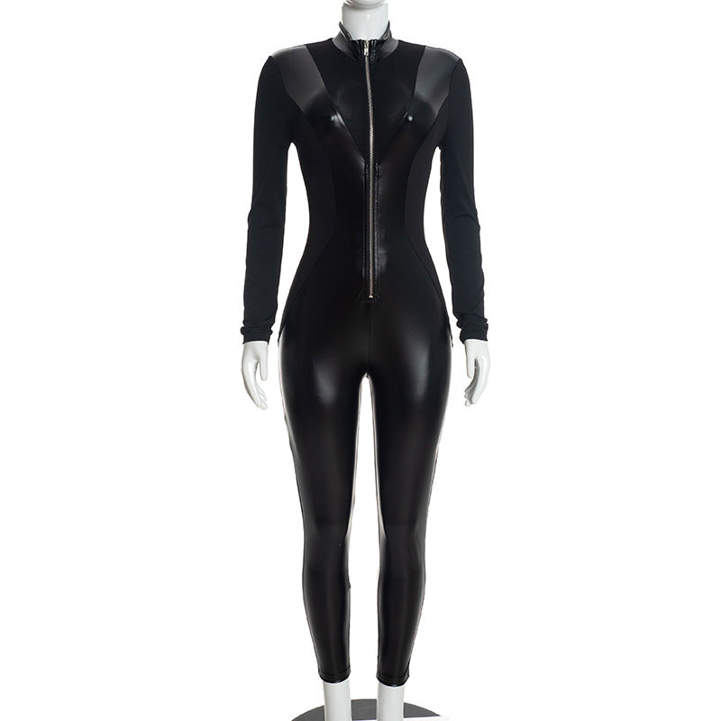 Women's Black Faux Leather Long-Sleeve Slim-Fit Jumpsuit