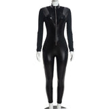 Women's Black Faux Leather Long-Sleeve Slim-Fit Jumpsuit