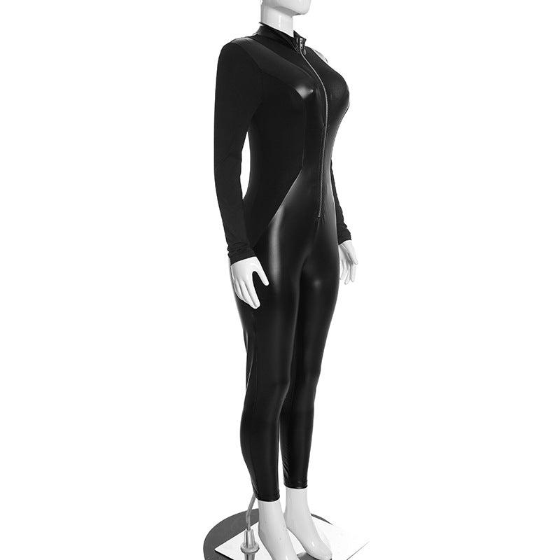 Women's Black Faux Leather Long-Sleeve Slim-Fit Jumpsuit