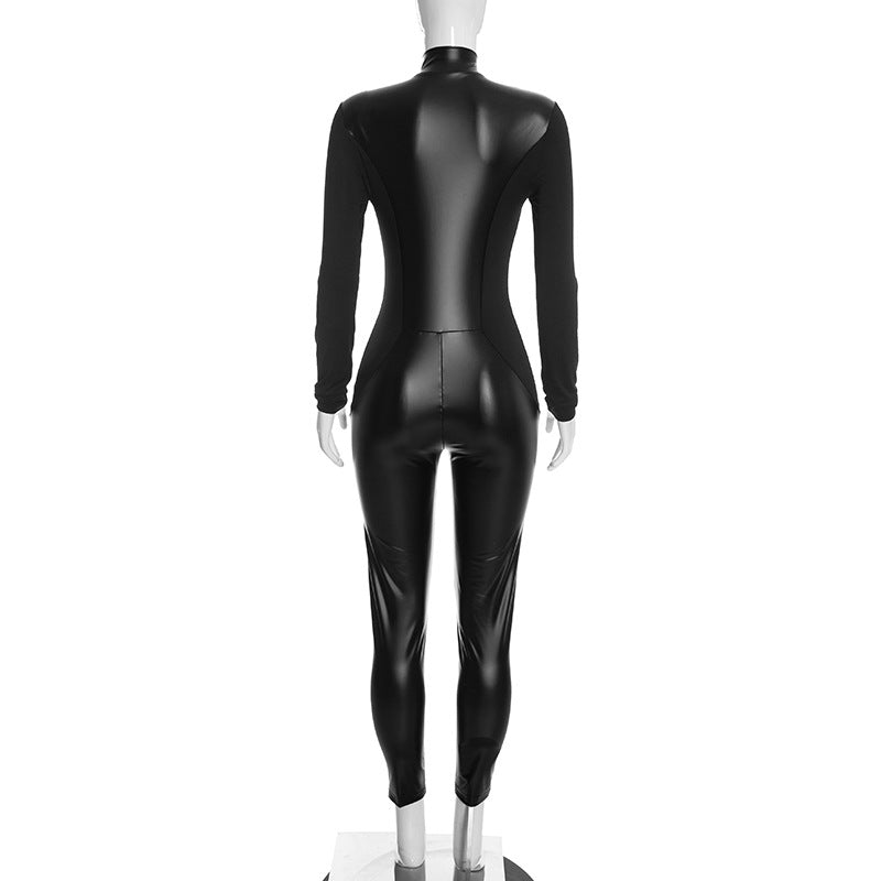 Women's Black Faux Leather Long-Sleeve Slim-Fit Jumpsuit
