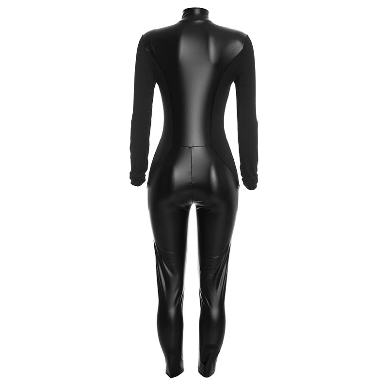 Women's Black Faux Leather Long-Sleeve Slim-Fit Jumpsuit