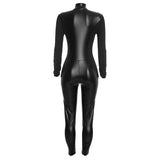 Women's Black Faux Leather Long-Sleeve Slim-Fit Jumpsuit