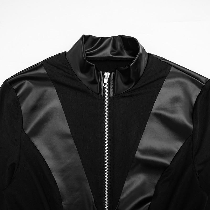 Women's Black Faux Leather Long-Sleeve Slim-Fit Jumpsuit