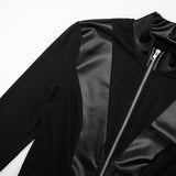 Women's Black Faux Leather Long-Sleeve Slim-Fit Jumpsuit