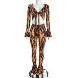 Women's Long-Sleeve Tie-Front Crop Top and Flared Pants Two-Piece Set