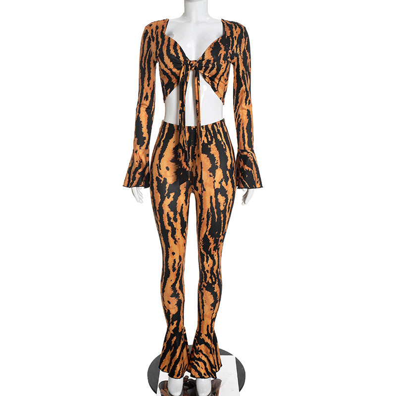 Women's Long-Sleeve Tie-Front Crop Top and Flared Pants Two-Piece Set