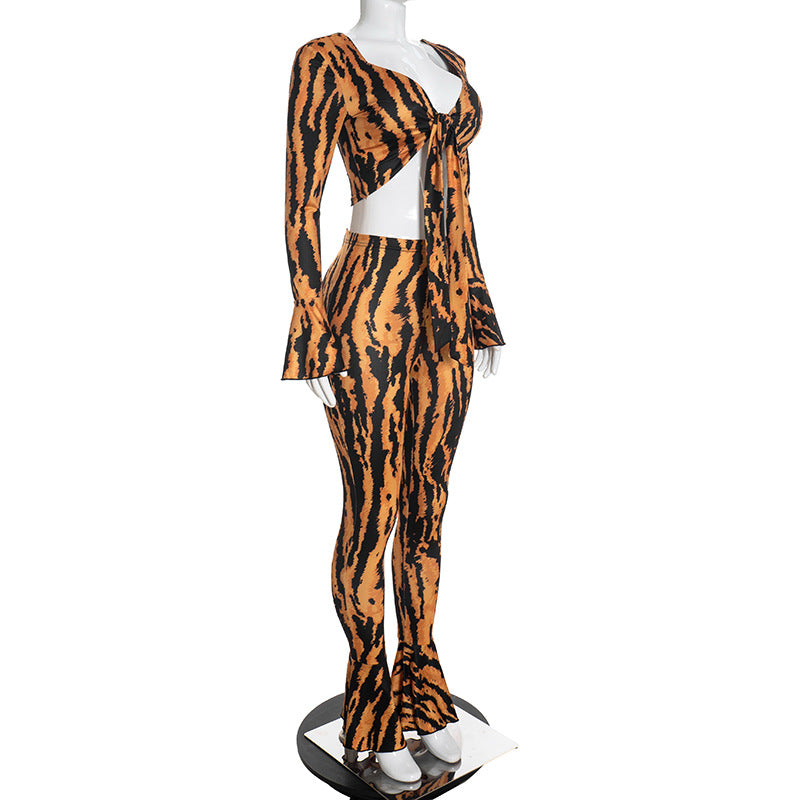 Women's Long-Sleeve Tie-Front Crop Top and Flared Pants Two-Piece Set