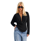 Women's Long-Sleeve Draped Cowl Neck Asymmetric Top