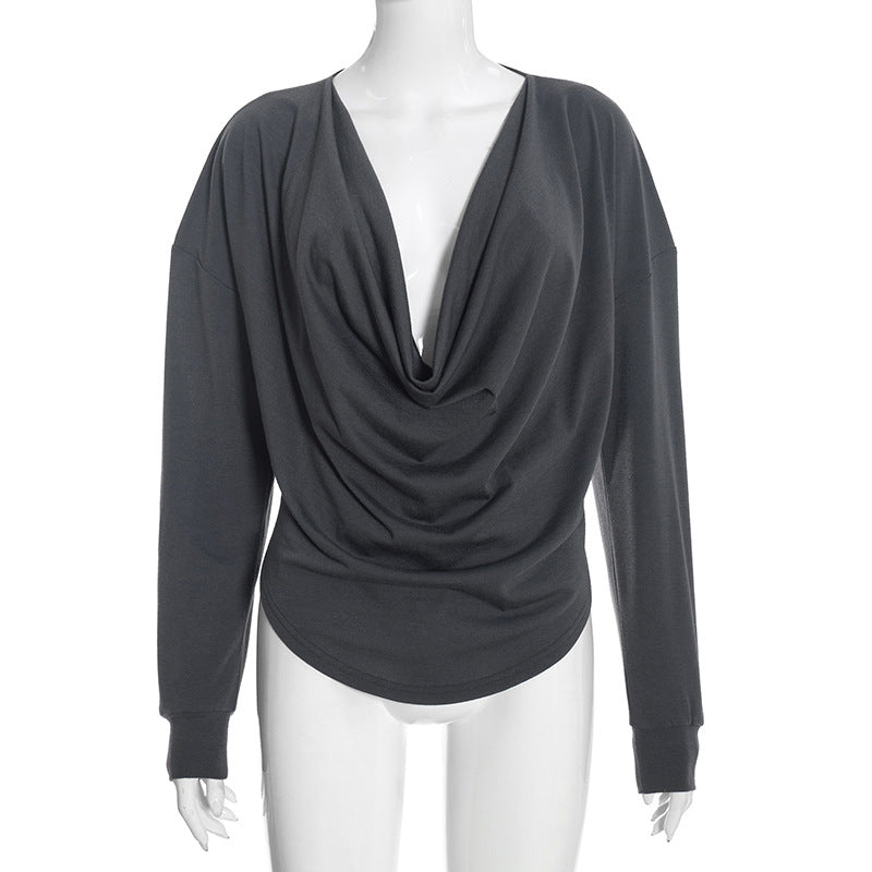 Women's Long-Sleeve Draped Cowl Neck Asymmetric Top
