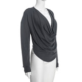 Women's Long-Sleeve Draped Cowl Neck Asymmetric Top
