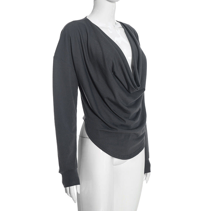 Women's Long-Sleeve Draped Cowl Neck Asymmetric Top