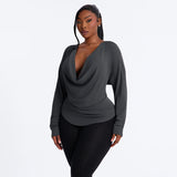 Women's Long-Sleeve Draped Cowl Neck Asymmetric Top
