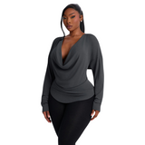 Women's Long-Sleeve Draped Cowl Neck Asymmetric Top