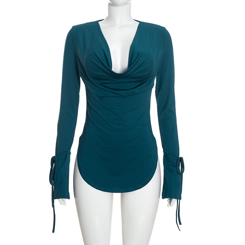 Women's Long-Sleeve Cowl Neck Top and Wide-Leg Pants Two-Piece Set