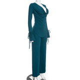 Women's Long-Sleeve Cowl Neck Top and Wide-Leg Pants Two-Piece Set