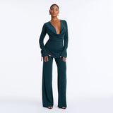 Women's Long-Sleeve Cowl Neck Top and Wide-Leg Pants Two-Piece Set