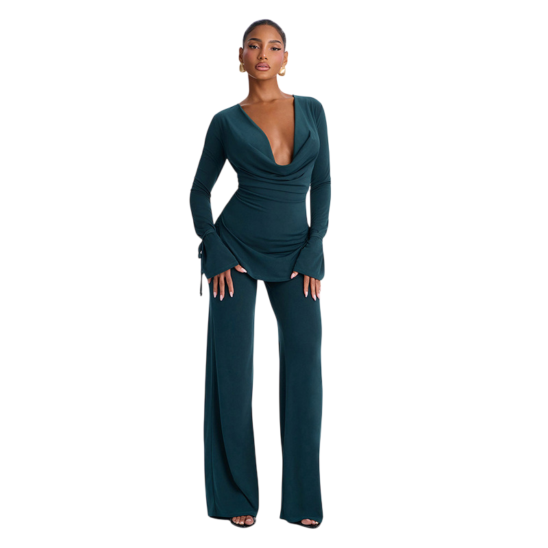 Women's Long-Sleeve Cowl Neck Top and Wide-Leg Pants Two-Piece Set