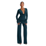 Women's Long-Sleeve Cowl Neck Top and Wide-Leg Pants Two-Piece Set