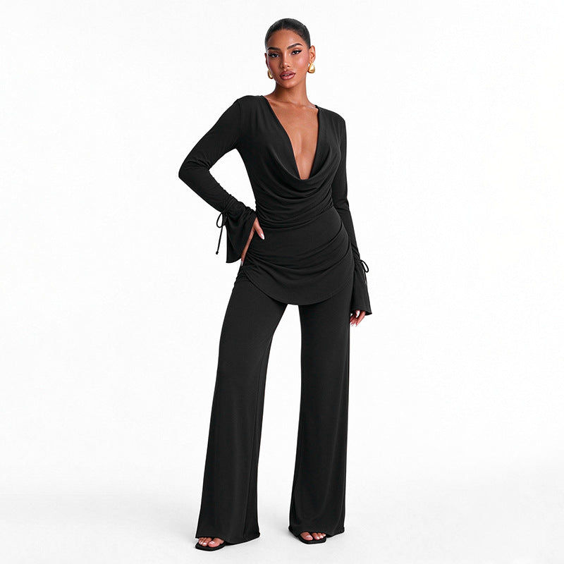 Women's Long-Sleeve Cowl Neck Top and Wide-Leg Pants Two-Piece Set