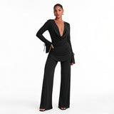 Women's Long-Sleeve Cowl Neck Top and Wide-Leg Pants Two-Piece Set